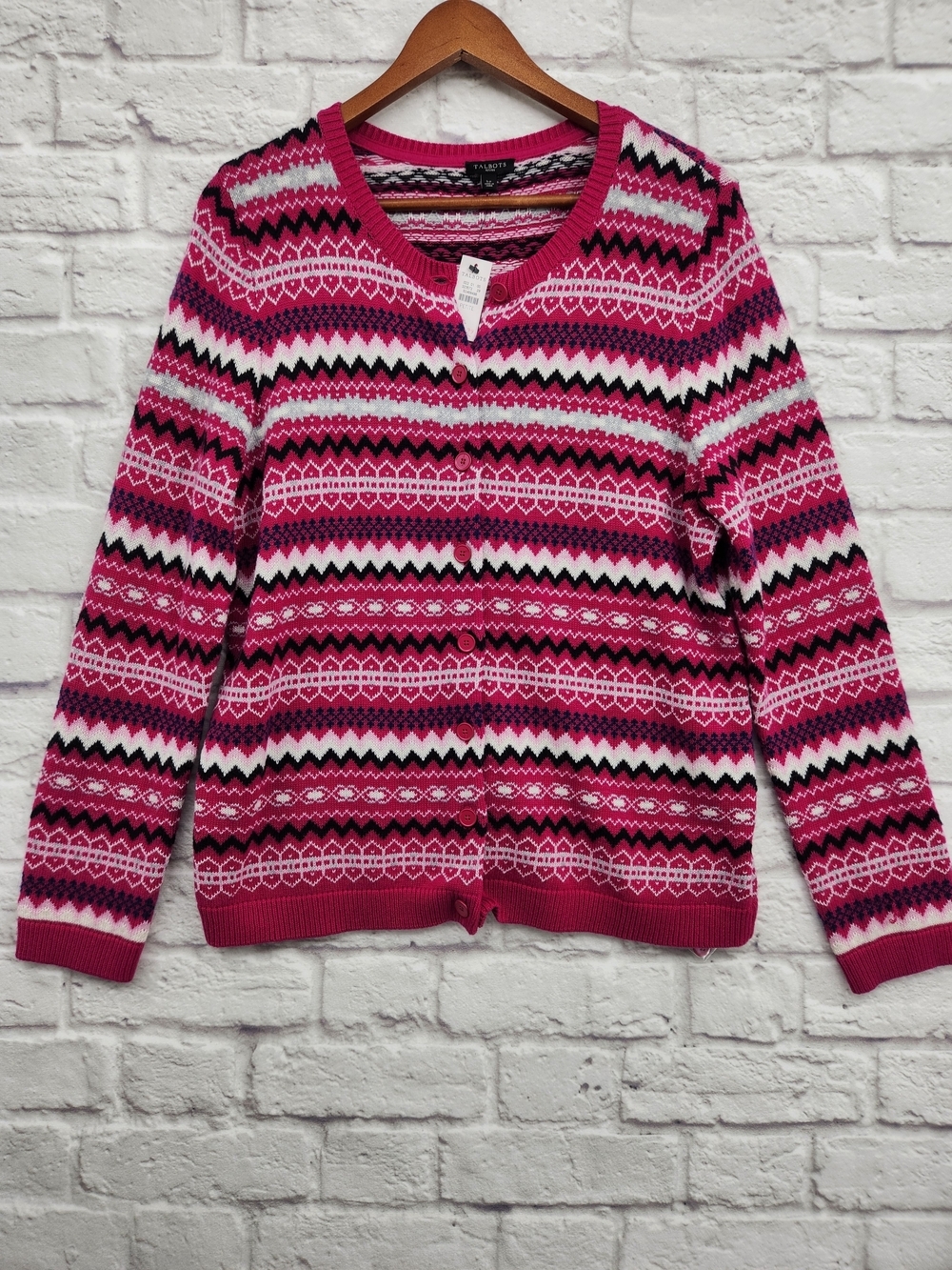 Talbots Petites Fair Isle Cardigan Sweater Petite Large Pink Lambswool Blend